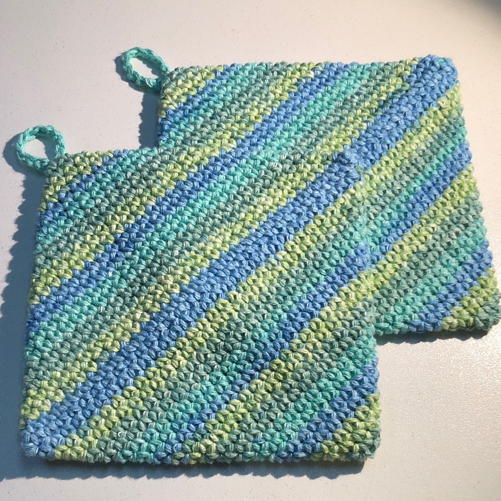 Handmade Crochet Potholders in shades of Blue & green 7x7 inches approximately